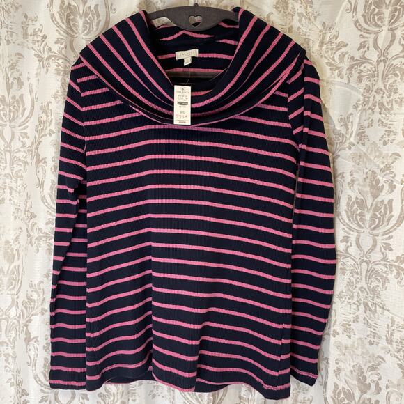 Talbots Petite NWT - Petite Small - Navy ribbed Top - Cowl neck -Pink Stripes - Picture 1 of 4